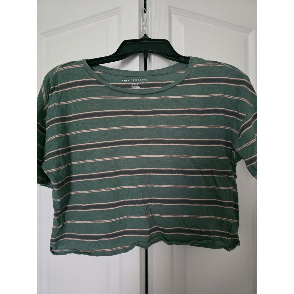 American Eagle Green Striped Crop Top Tank High Neck Raw Hem Ribbed Knit Small S